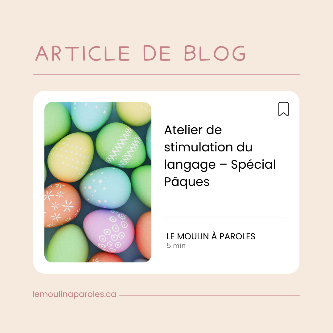 Atelier de stimulation du langage sur le thème de Pâques avec jeux éducatifs, cartes de vocabulaire et lapin.