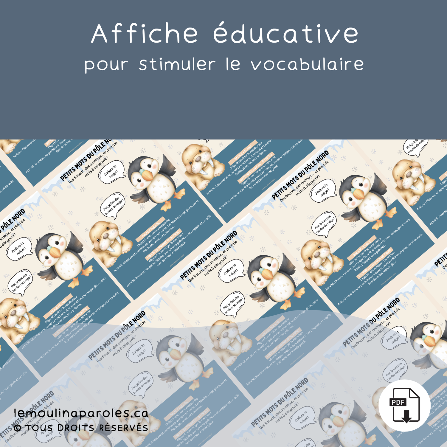 Affiche éducative « Petits mots du pôle » avec illustrations d’ours polaire, pingouin, neige et glace pour enrichir le vocabulaire des enfants de 3 à 5 ans