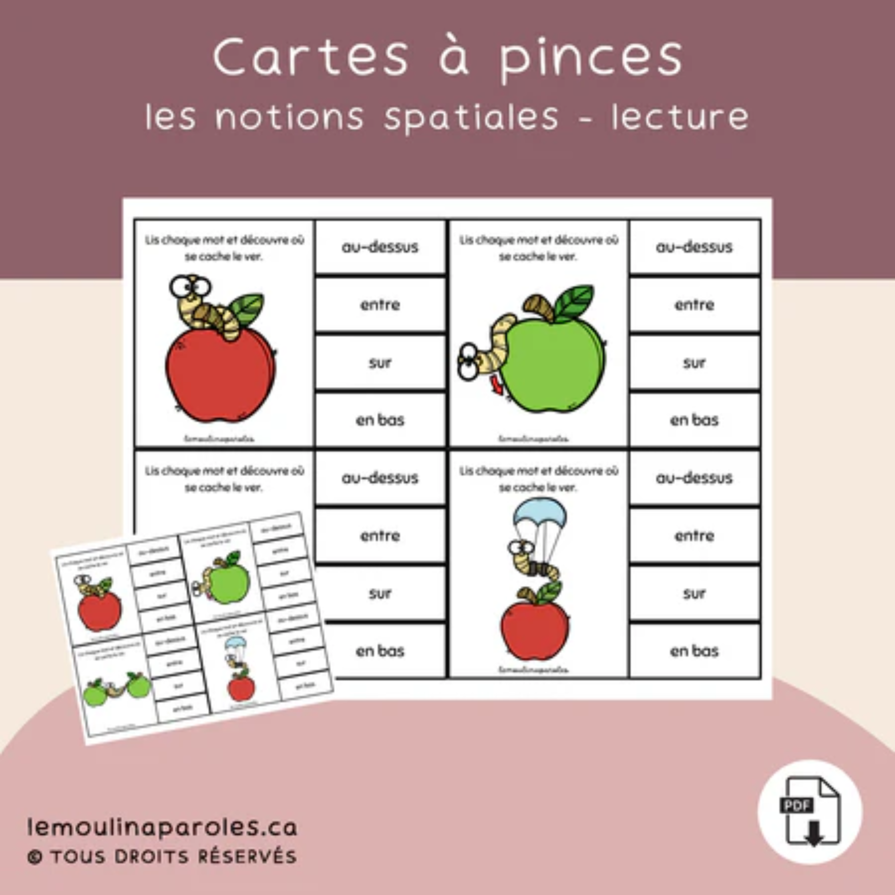 Trousse langage Les pommes en format PDF comprenant 8 activités éducatives pour les enfants de 5 à 7 ans afin de développer le langage, la conscience phonologique, la lecture, les notions spatiales, les émotions et la résolution de problèmes.