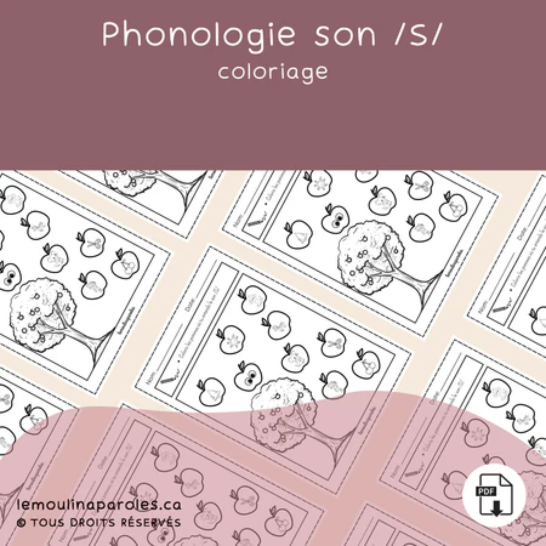 Trousse langage Les pommes en format PDF comprenant 11 activités éducatives pour développer le langage, la conscience phonologique, le vocabulaire, la morphosyntaxe, la compréhension et les notions spatiales chez les enfants.