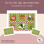 Trousse langage Les pommes en format PDF comprenant 11 activités éducatives pour développer le langage, la conscience phonologique, le vocabulaire, la morphosyntaxe, la compréhension et les notions spatiales chez les enfants.