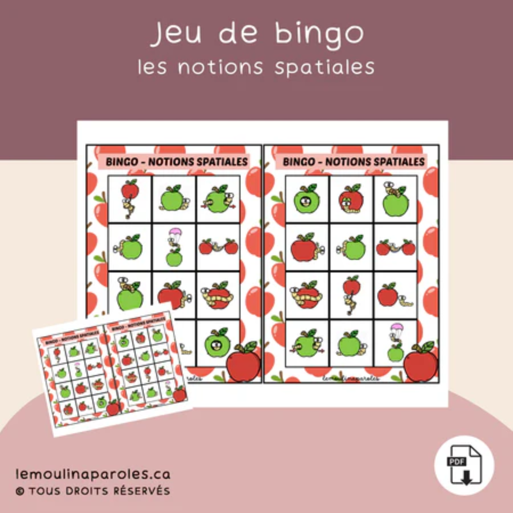 Trousse langage Les pommes en format PDF comprenant 8 activités éducatives pour les enfants de 5 à 7 ans afin de développer le langage, la conscience phonologique, la lecture, les notions spatiales, les émotions et la résolution de problèmes.