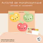 Trousse langage Les pommes en format PDF comprenant 11 activités éducatives pour développer le langage, la conscience phonologique, le vocabulaire, la morphosyntaxe, la compréhension et les notions spatiales chez les enfants.