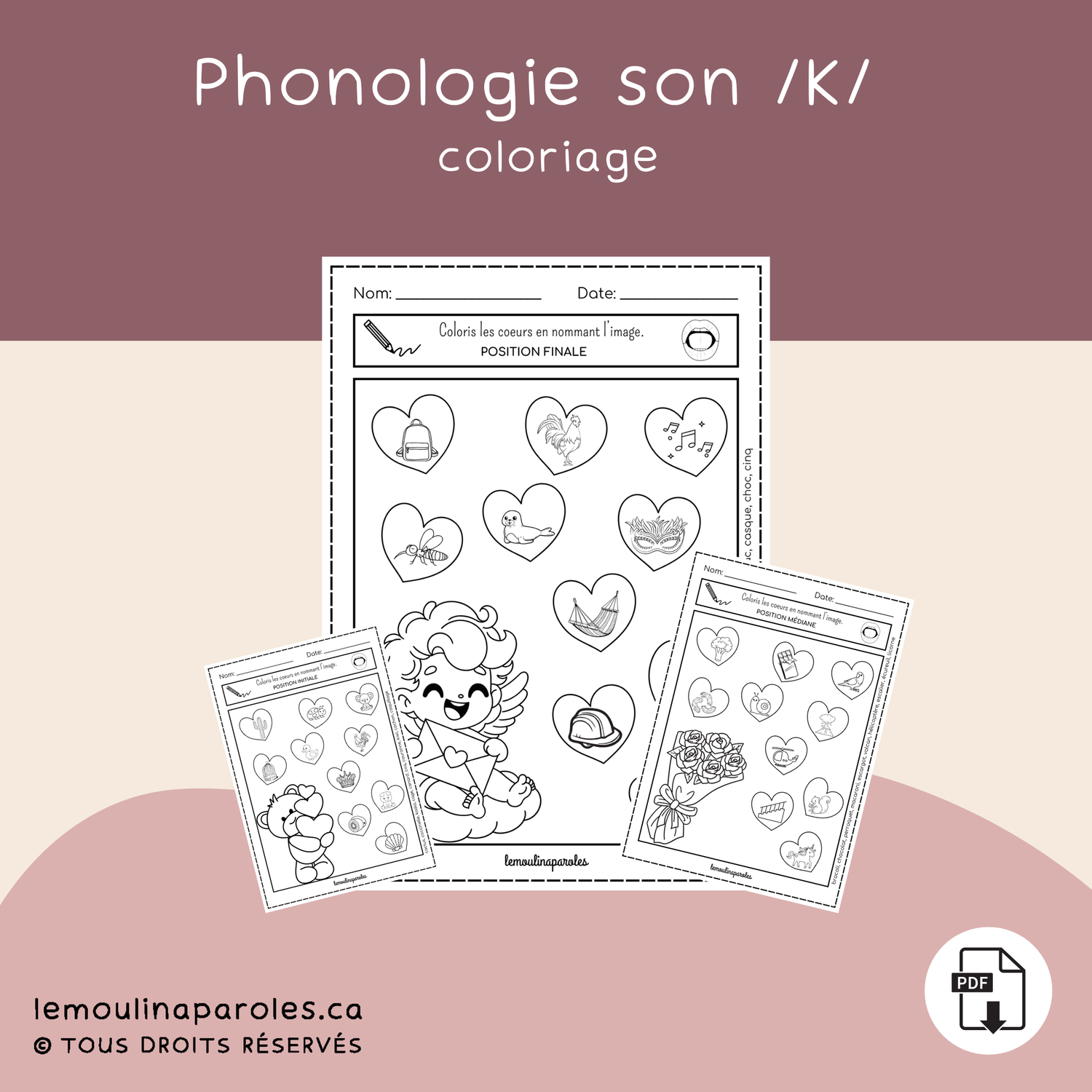 Colorie les coeurs - phonème /K/ en 3 positions
