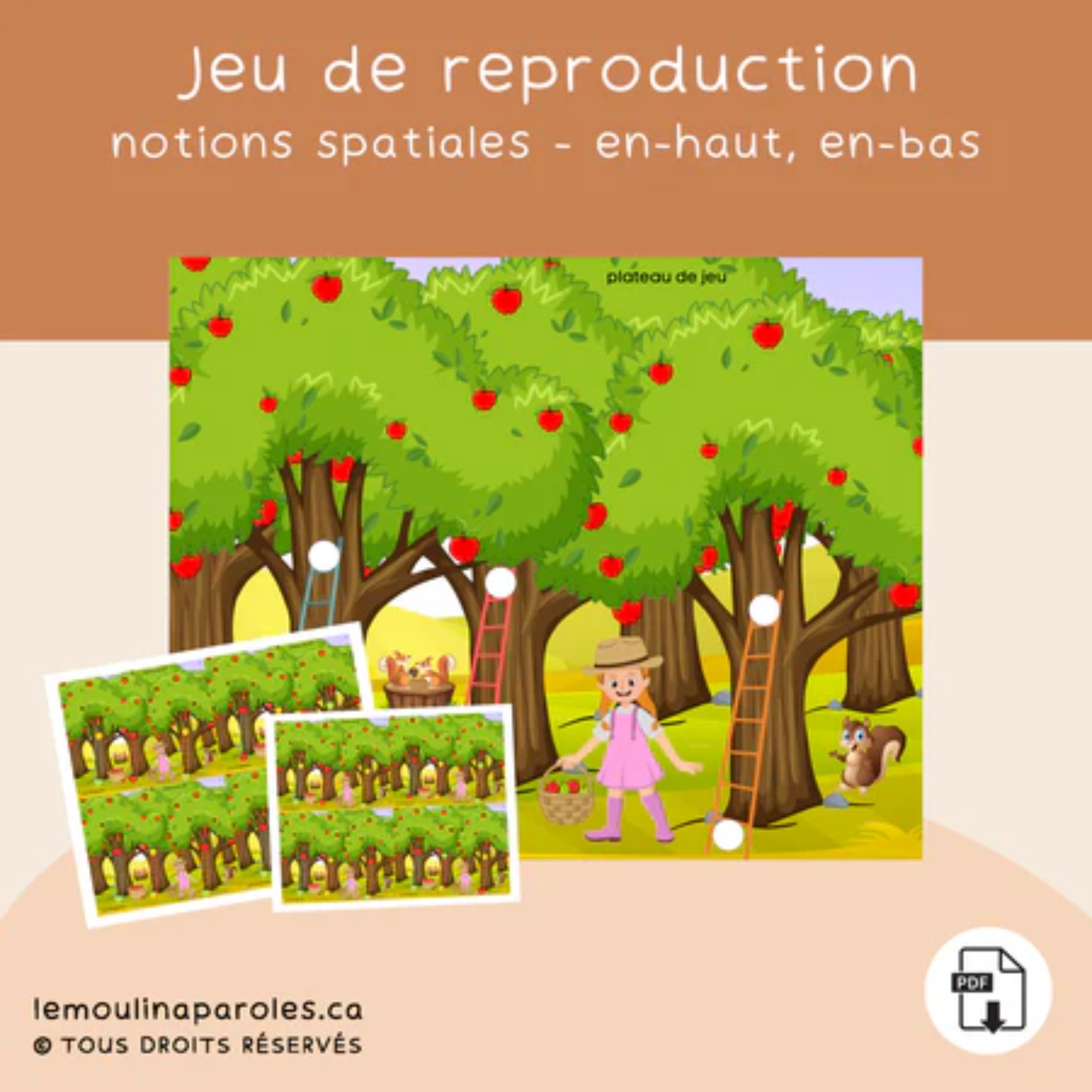 Trousse langage Les pommes en format PDF comprenant 11 activités éducatives pour développer le langage, la conscience phonologique, le vocabulaire, la morphosyntaxe, la compréhension et les notions spatiales chez les enfants.