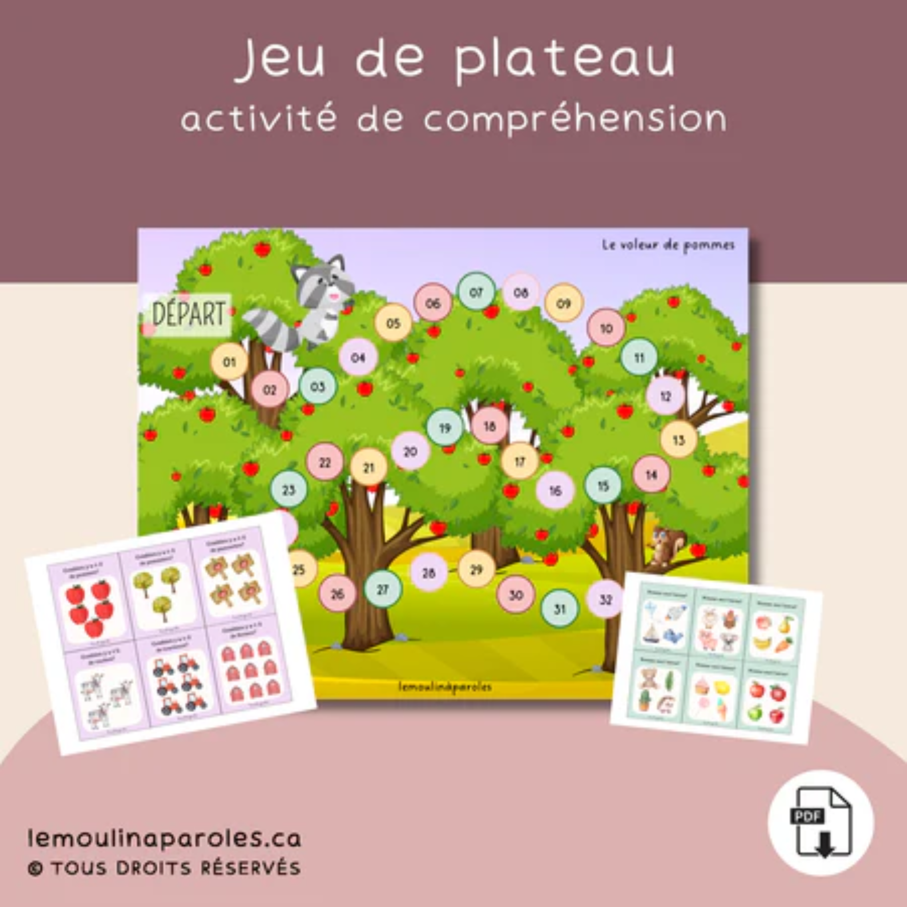 Trousse langage Les pommes en format PDF comprenant 11 activités éducatives pour développer le langage, la conscience phonologique, le vocabulaire, la morphosyntaxe, la compréhension et les notions spatiales chez les enfants.