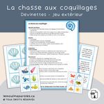 Enfants cherchant des images d’animaux marins cachées dans la cour à l’aide de coquillages contenant des devinettes.
