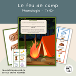 Enfant qui récolte des bûches pour construire un feu de camp dans un jeu de prononciation des sons TR et DR.