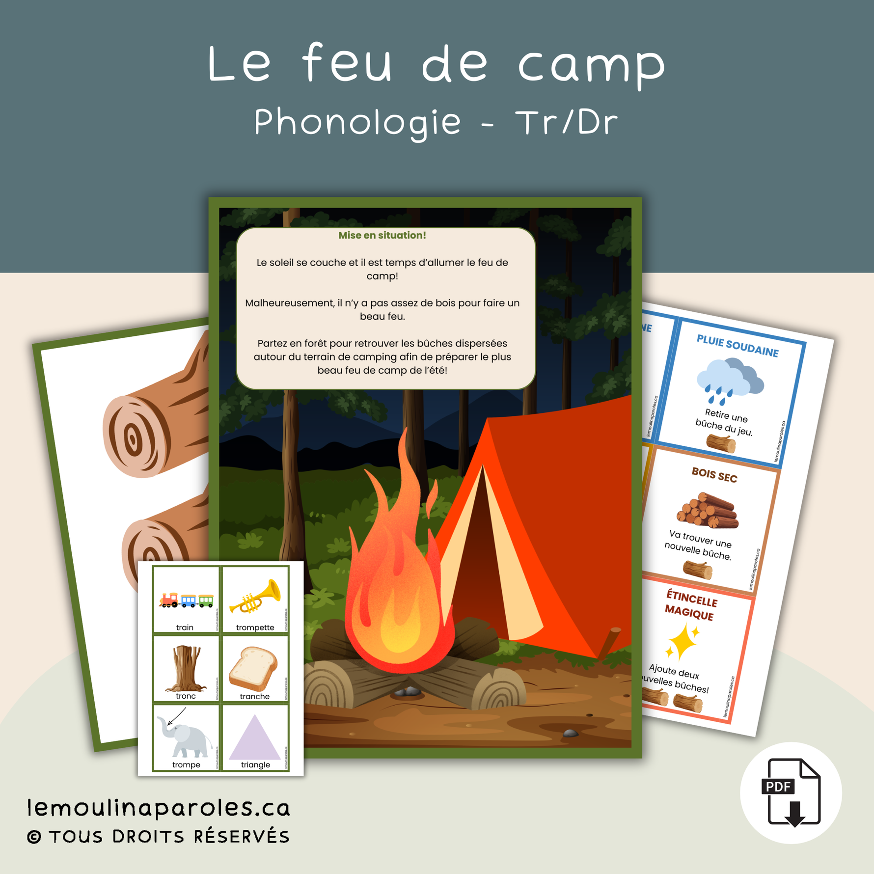 Enfant qui récolte des bûches pour construire un feu de camp dans un jeu de prononciation des sons TR et DR.