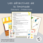 Jeu éducatif de prédictions sur le thème de la limonade avec cartes flotte ou coule, sucré ou suret et autres défis d’observation.