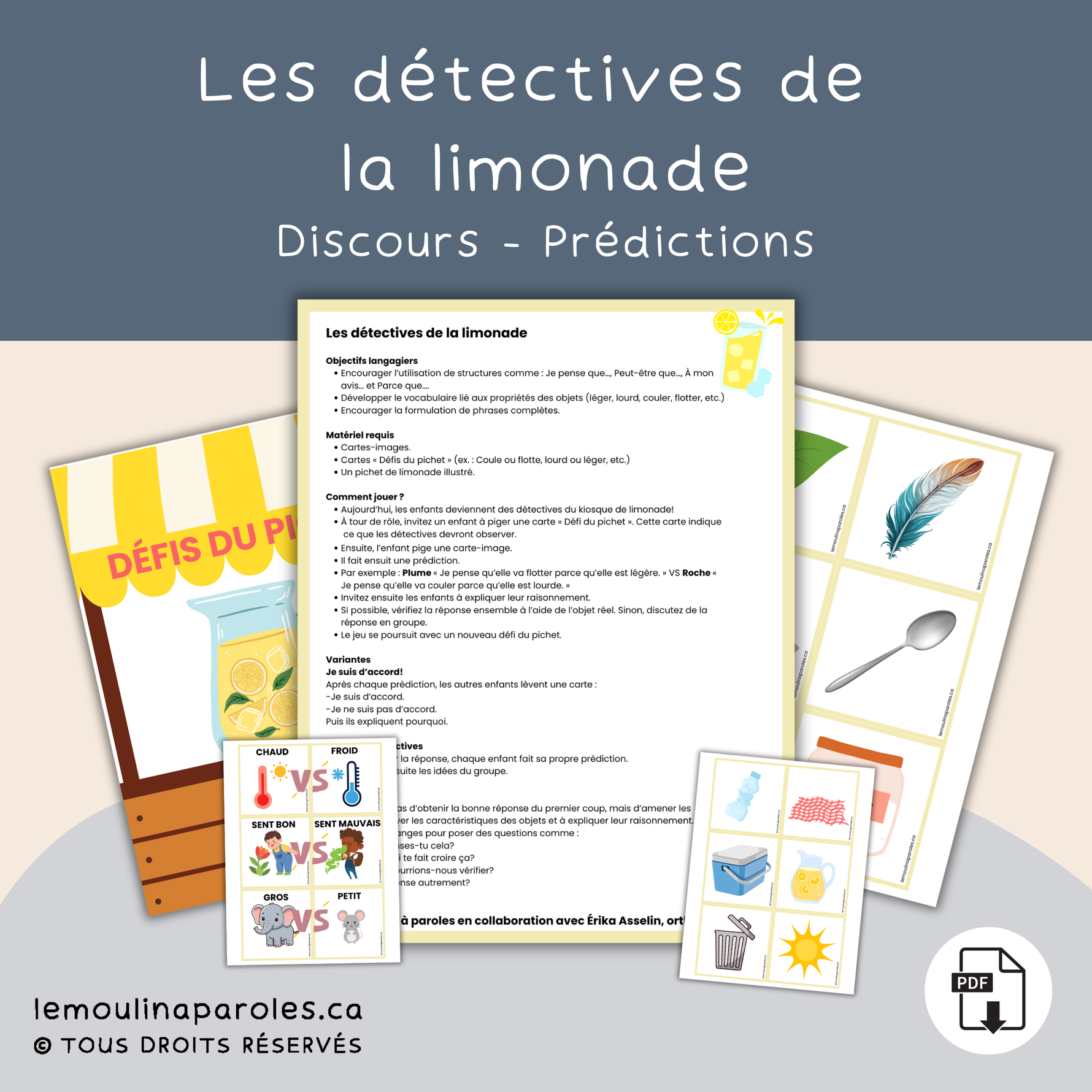 Jeu éducatif de prédictions sur le thème de la limonade avec cartes flotte ou coule, sucré ou suret et autres défis d’observation.