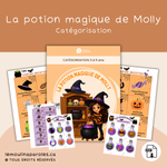 Cahier d’activités d’Halloween La potion magique de Molly pour enfants de 3 à 5 ans avec jeux de langage et activités motrices.