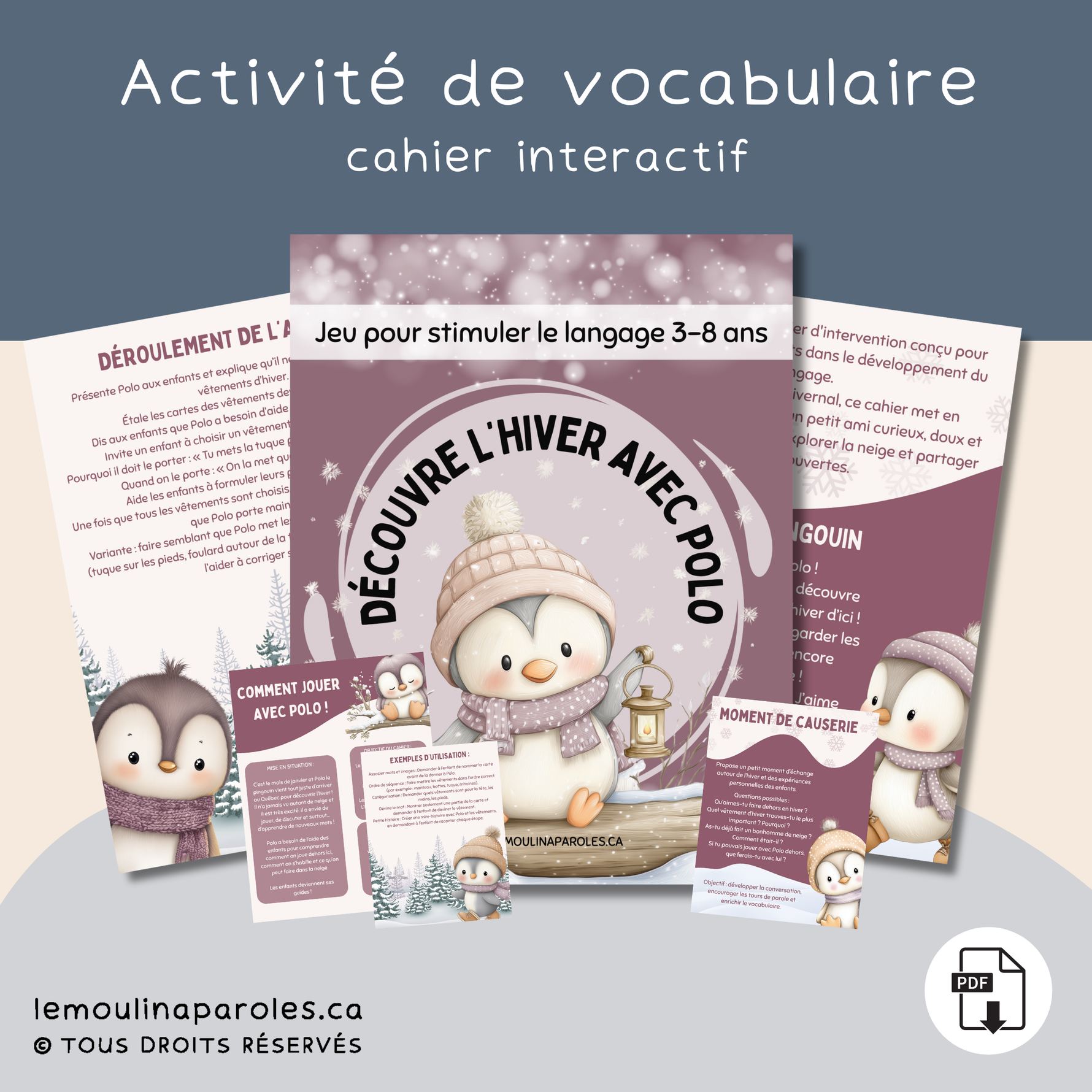 Cahier d’intervention en stimulation du langage pour enfants avec Polo le pingouin
