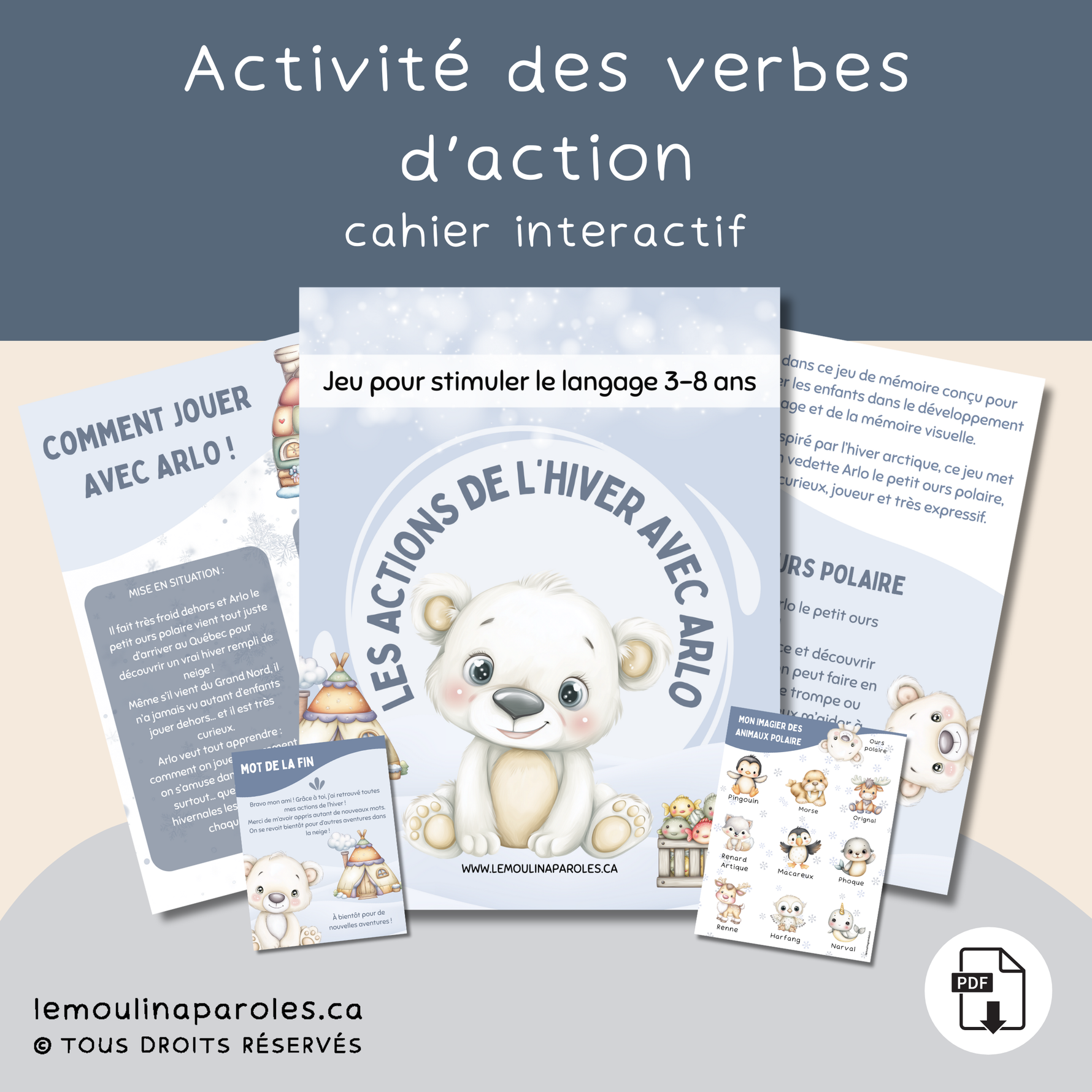Jeu de mémoire Les actions de l’hiver avec Arlo le petit ours polaire – activité éducative hiver pour enfants
