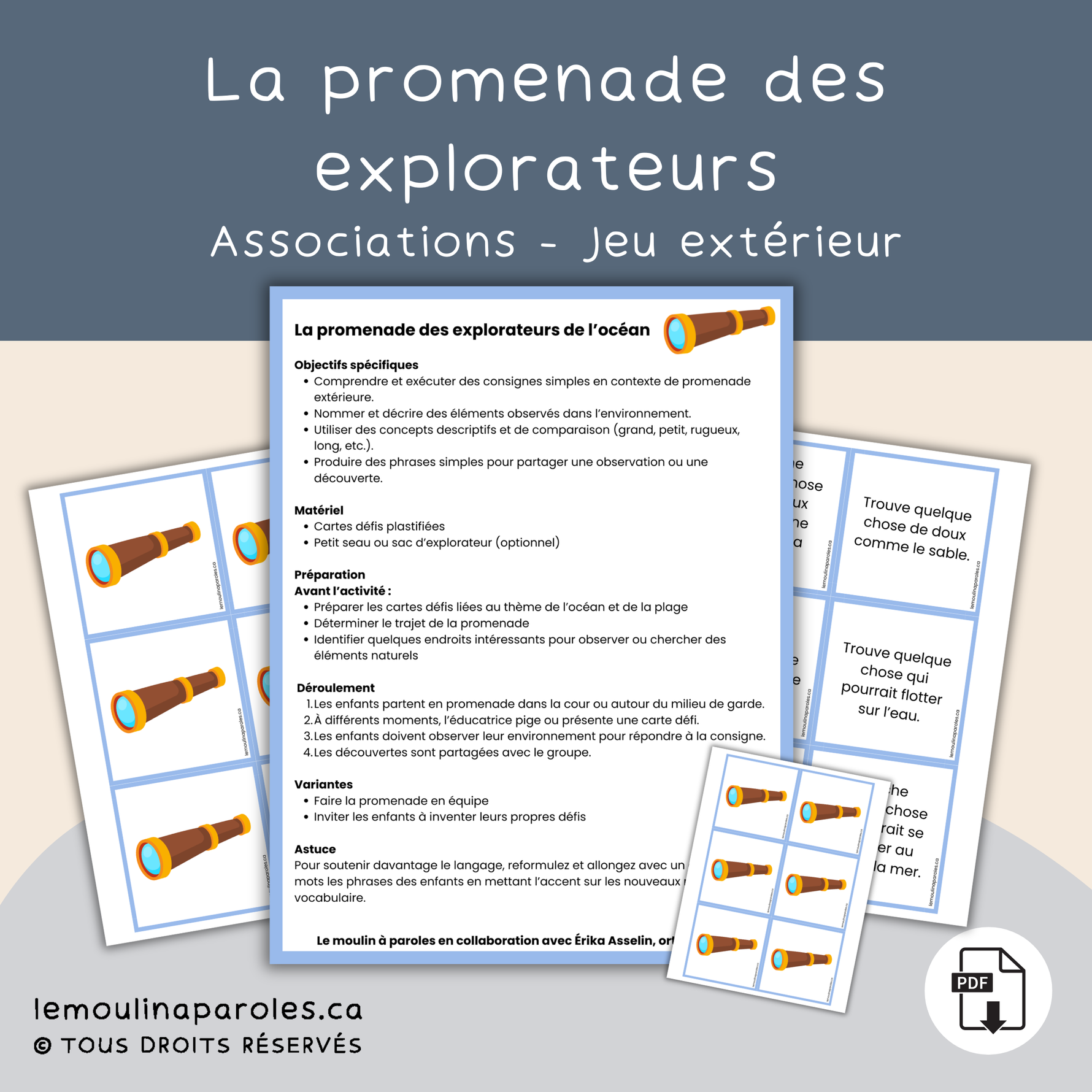 Enfants explorant la cour extérieure pour trouver des éléments naturels liés au thème de l’océan.