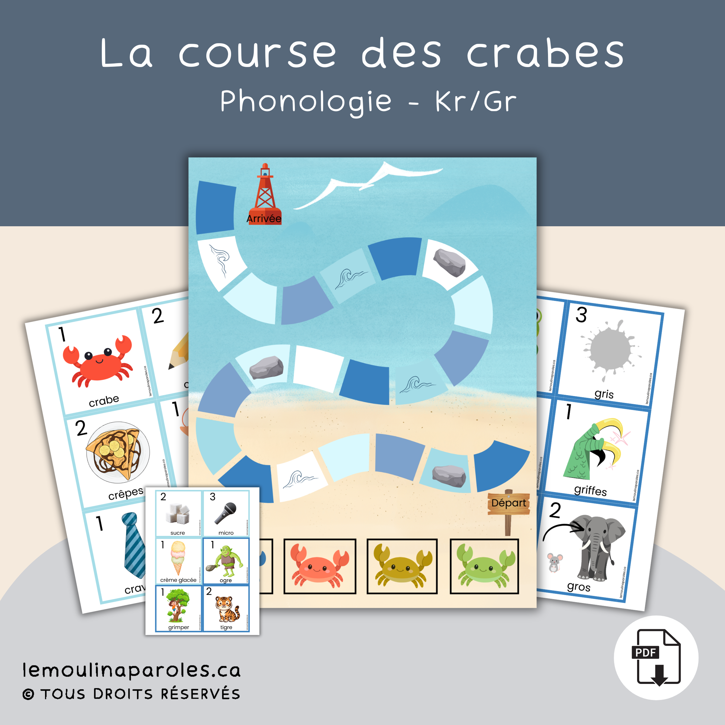 Plateau de jeu de plage avec des crabes qui avancent vers l’océan pour pratiquer les sons KR et GR.