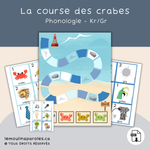 Plateau de jeu de plage avec des crabes qui avancent vers l’océan pour pratiquer les sons KR et GR.