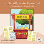 Jeu de livraison de limonade avec cartes de commandes et quantités à compter pour enfants de 3 à 5 ans.