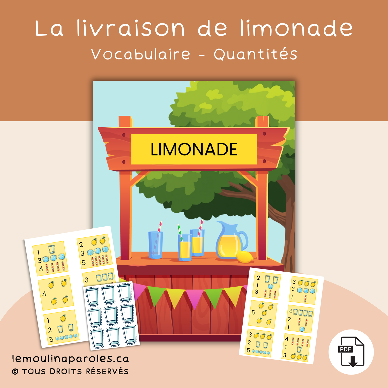 Jeu de livraison de limonade avec cartes de commandes et quantités à compter pour enfants de 3 à 5 ans.