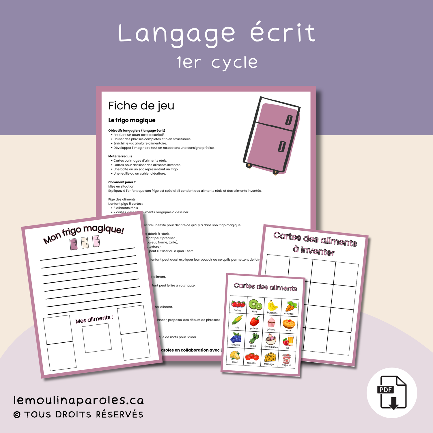 Fiche de jeu éducatif Le frigo magique pour développer le langage écrit et le vocabulaire alimentaire chez les enfants