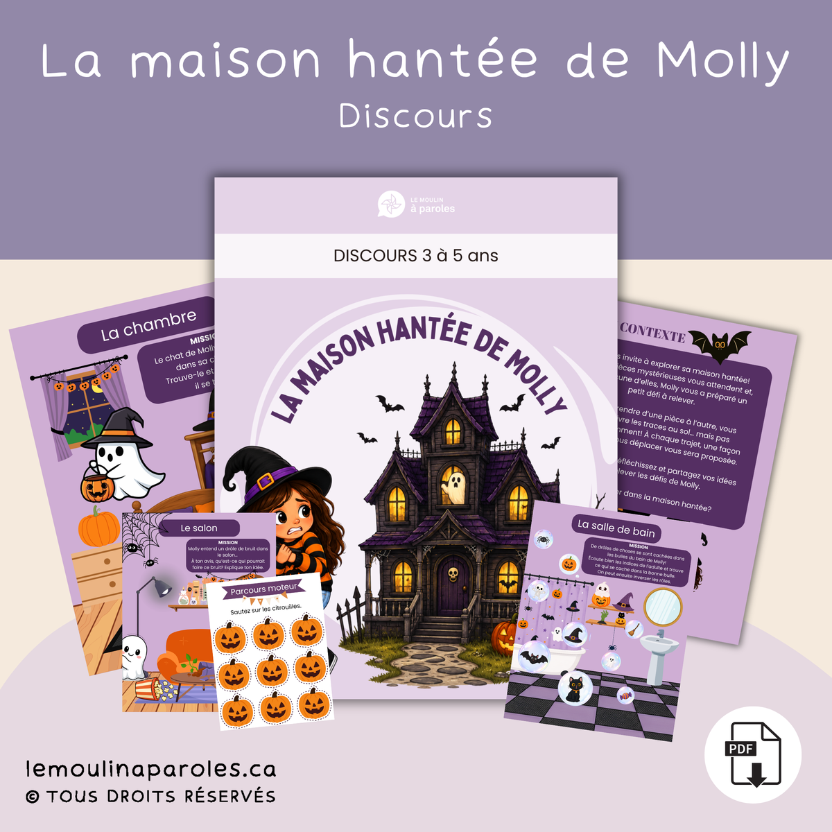 Maison hantée de Molly, cahier Halloween 3-5 ans avec parcours moteur, compréhension, vocabulaire et stimulation du langage.
