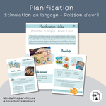 Guide de planification d’activités de stimulation du langage sur le thème du poisson d’avril pour le préscolaire et le premier cycle.
