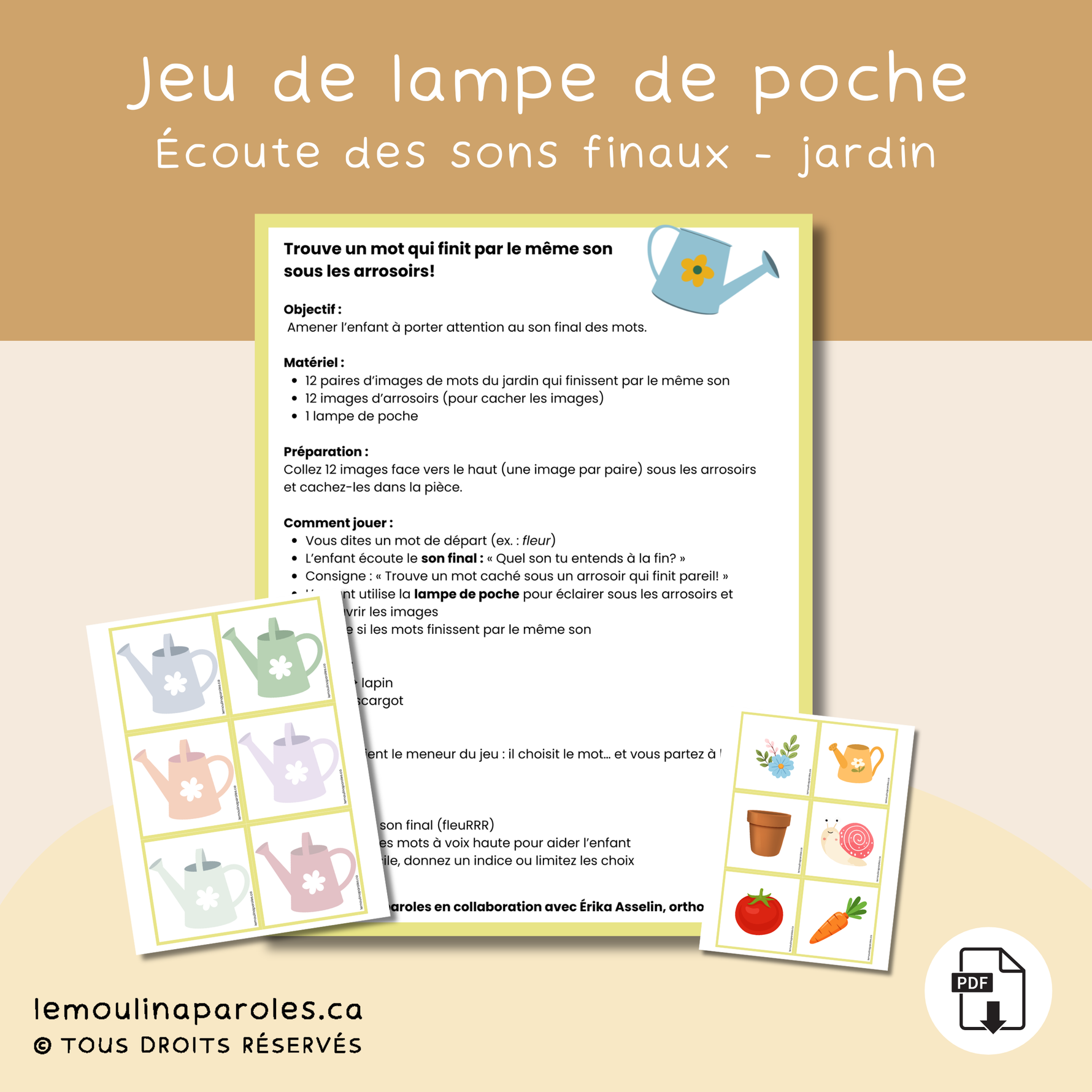 Trousse de conscience phonologique thème jardin pour enfants de 5 à 7 ans avec 8 jeux éducatifs sur les sons, syllabes et la prélecture.