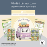 Violette au zoo, activité éducative à imprimer pour travailler la segmentation syllabique et la conscience phonologique avec des cartes d'animaux et des pastilles de saut.