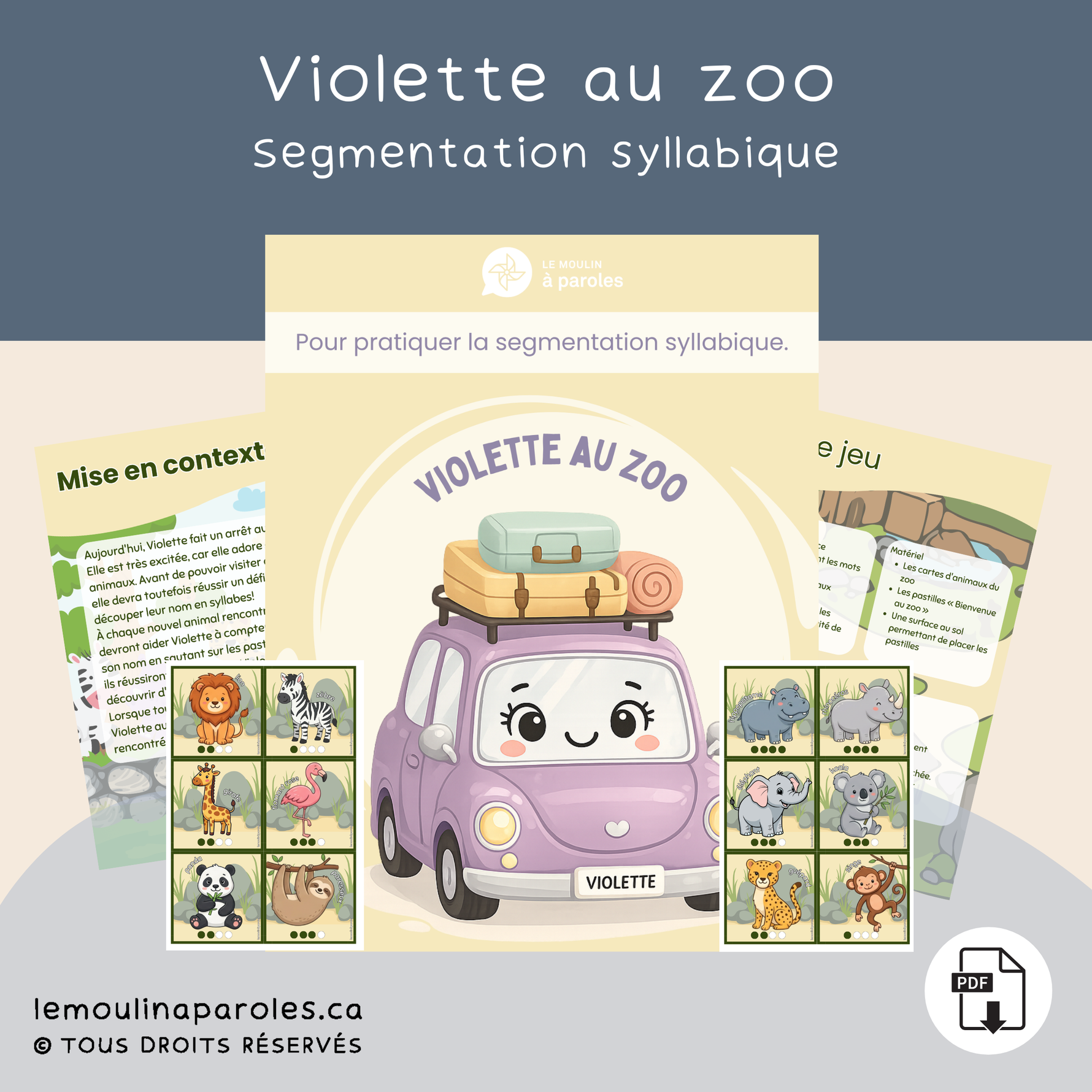 Violette au zoo, activité éducative à imprimer pour travailler la segmentation syllabique et la conscience phonologique avec des cartes d'animaux et des pastilles de saut.