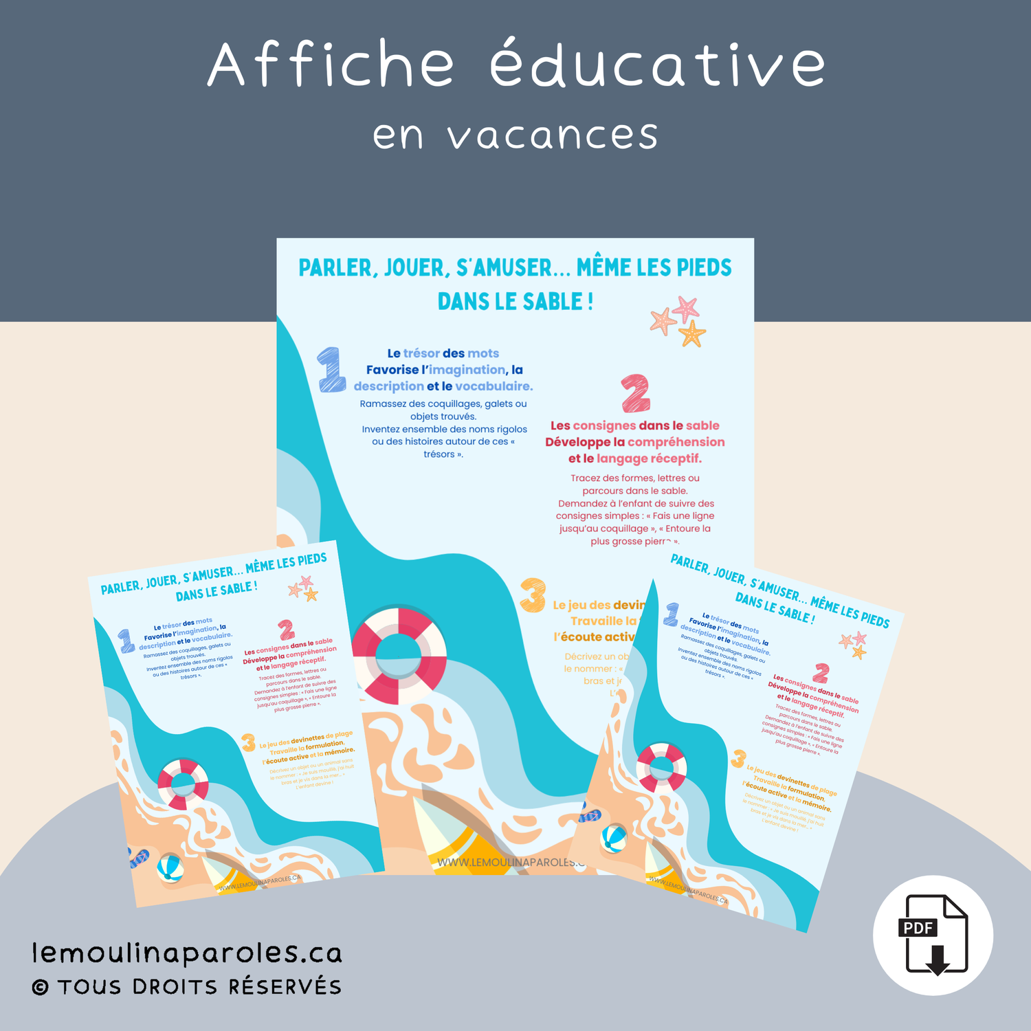 Affiche – 3 astuces pour stimuler le langage à la plage