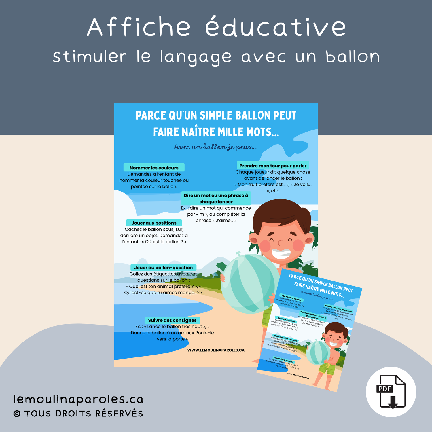 🏖️ Affiche – Avec un ballon, je peux… | Stimulation du langage