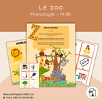 Animaux du zoo à replacer dans leur enclos dans un jeu de prononciation conçu pour travailler les groupes consonantiques BR et PR.