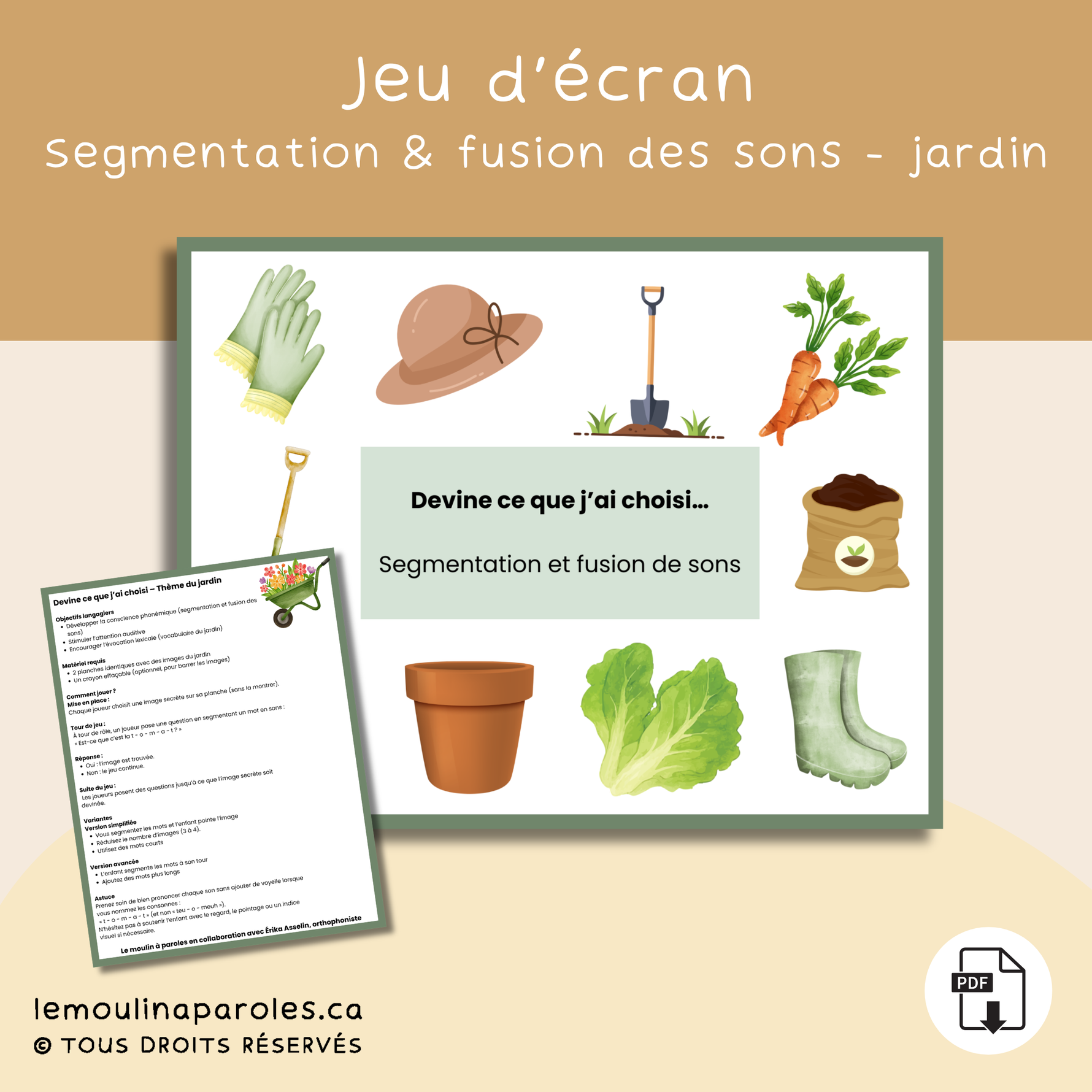 Trousse de conscience phonologique thème jardin pour enfants de 5 à 7 ans avec 8 jeux éducatifs sur les sons, syllabes et la prélecture.