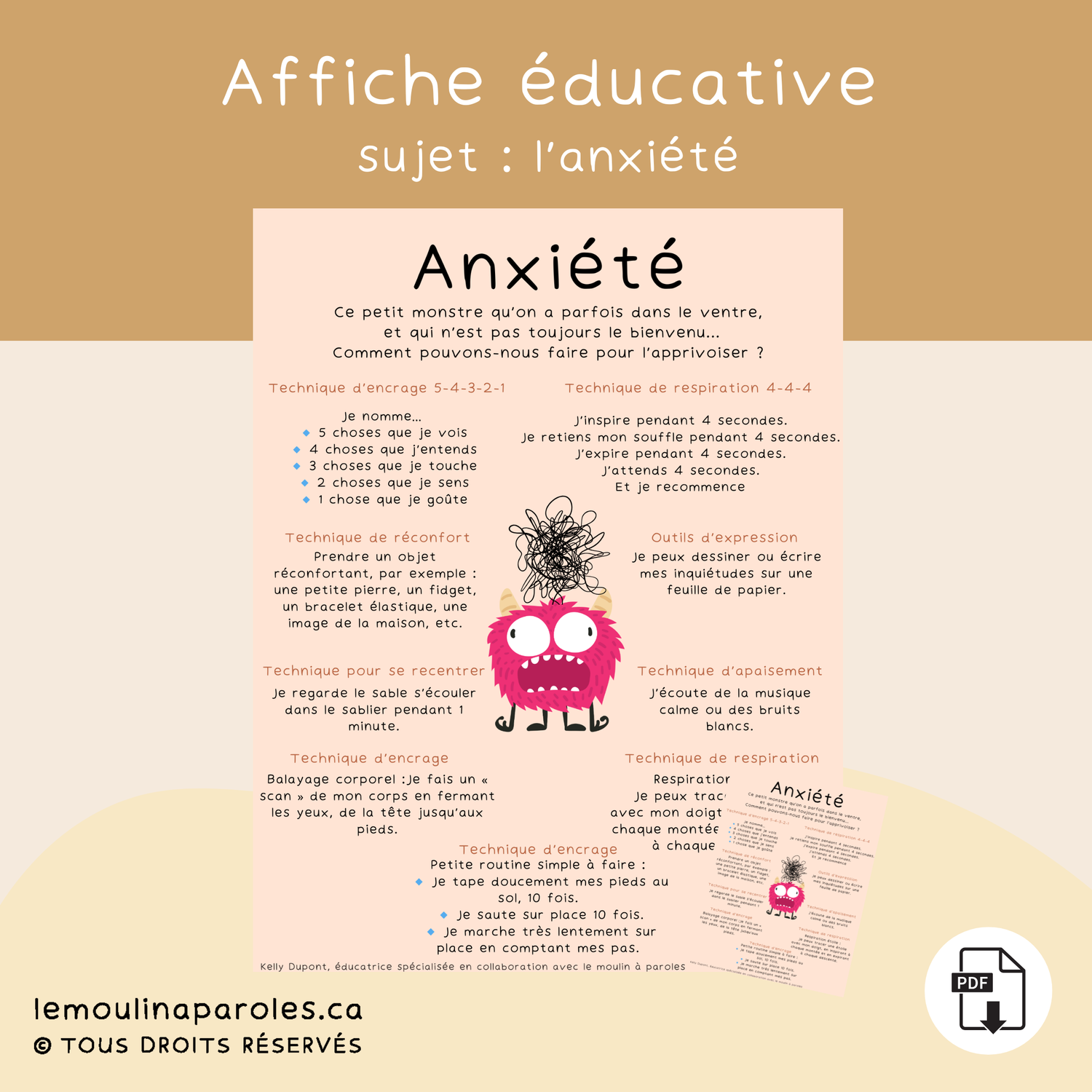 Affiche éducative – Techniques pour apprivoiser l’anxiété » – Gestion des émotions pour enfants