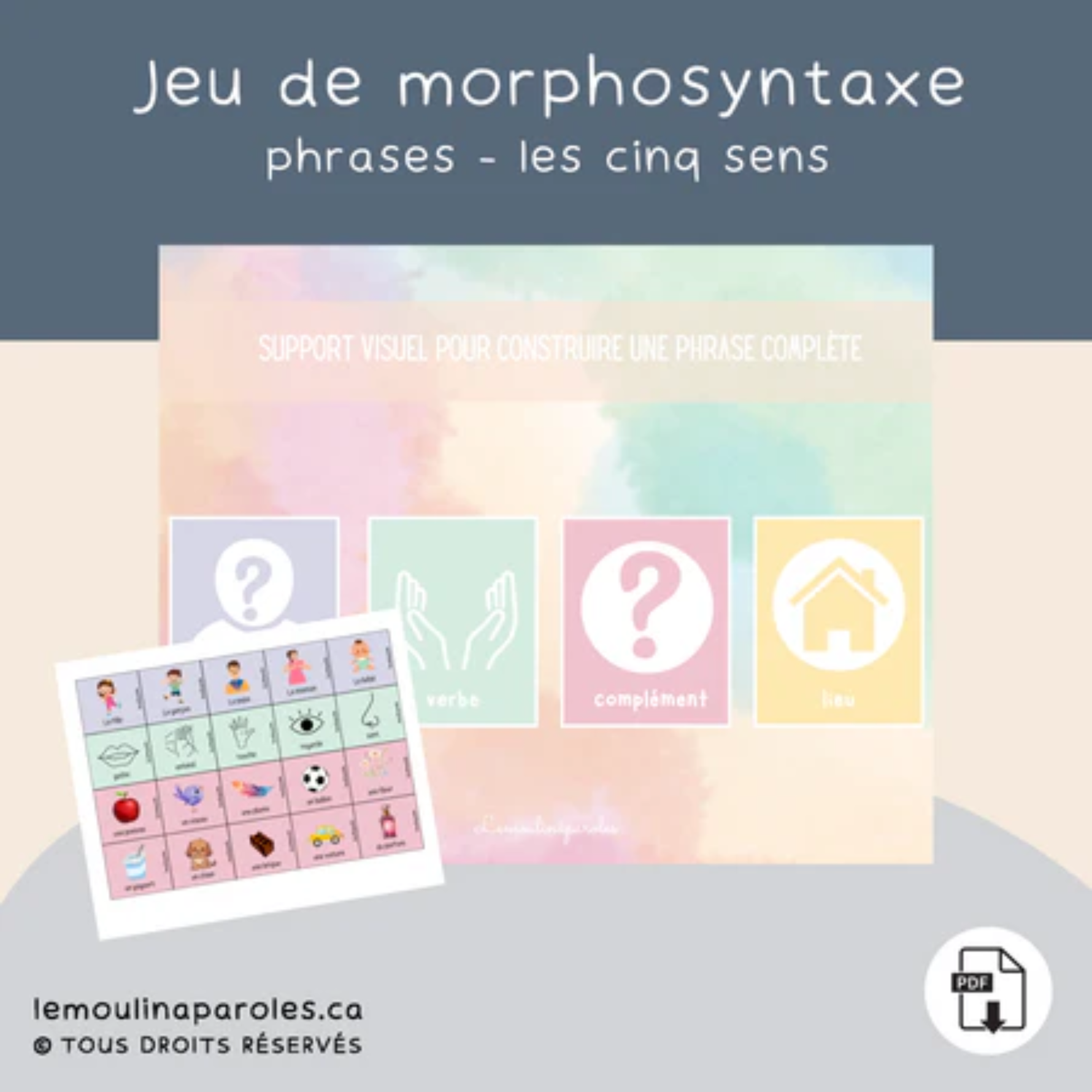 Trousse langage enfants les 5 sens avec activités éducatives PDF incluant jeux d’association, phrases et vocabulaire