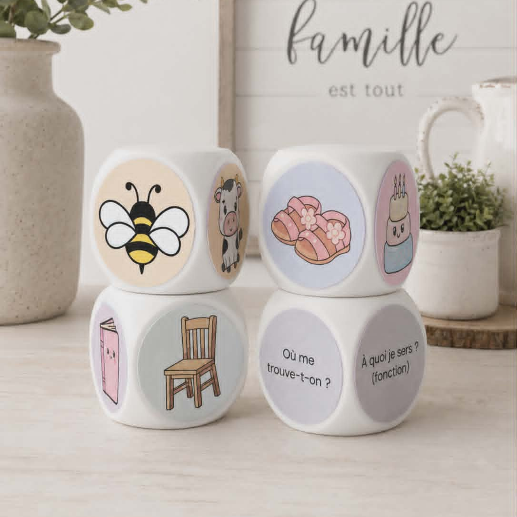 Ensemble de 4 dés éducatifs pour stimuler le langage et l’accès lexical chez les enfants avec images colorées, catégories, fonctions et questions de conversation.
