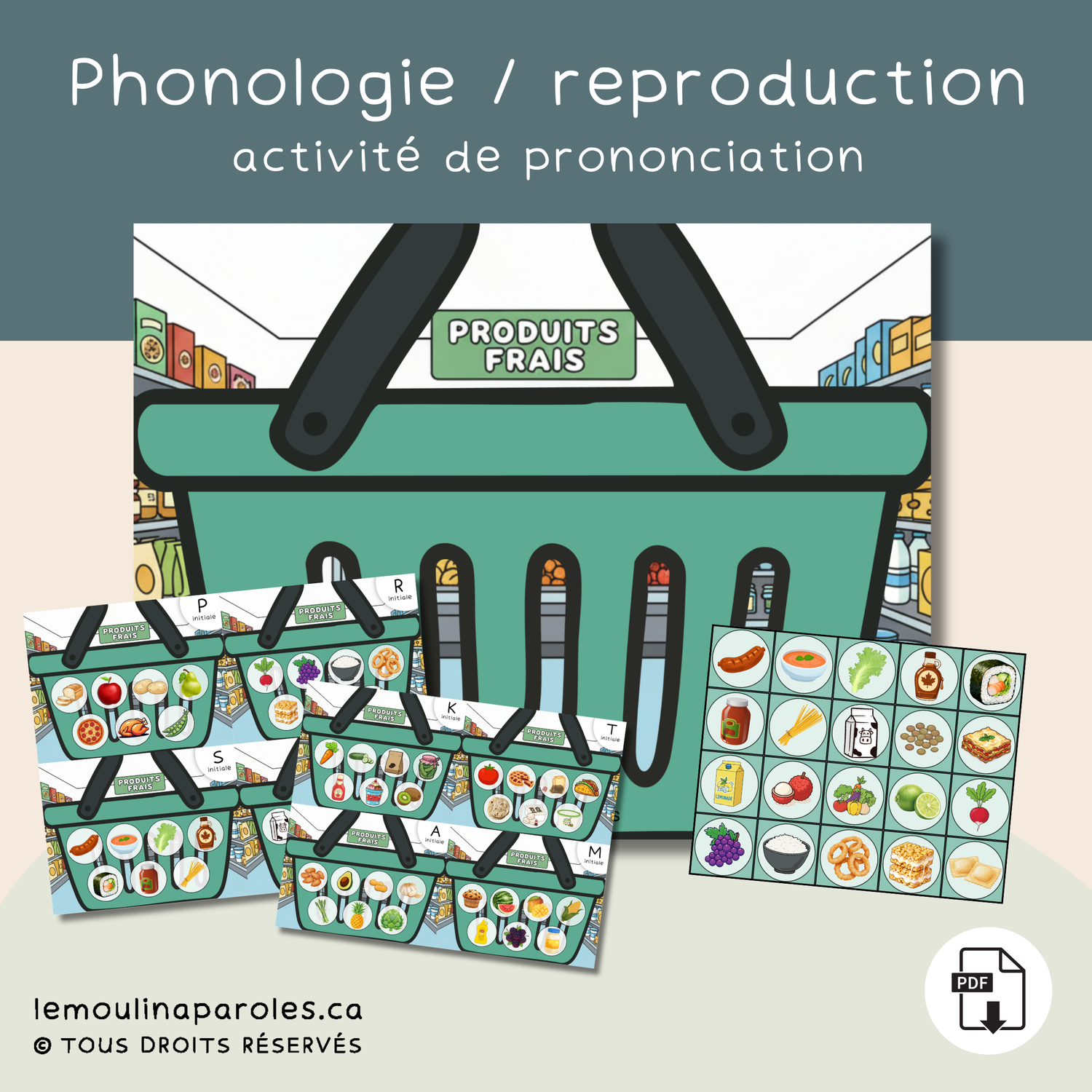 Jeu éducatif de stimulation du langage avec paniers d’épicerie pour pratiquer les sons en début de mot chez les enfants de 3 à 8 ans