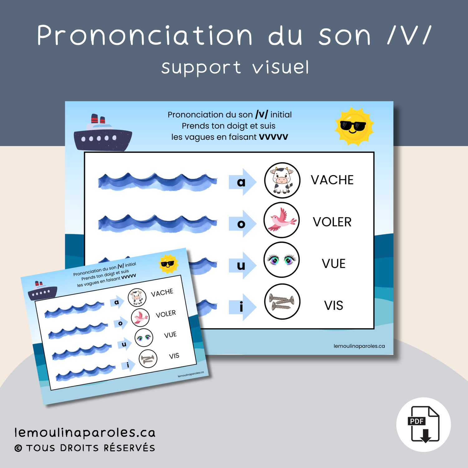 Affiche éducative son V initial – support visuel phonologie pour stimulation du langage chez les enfants.