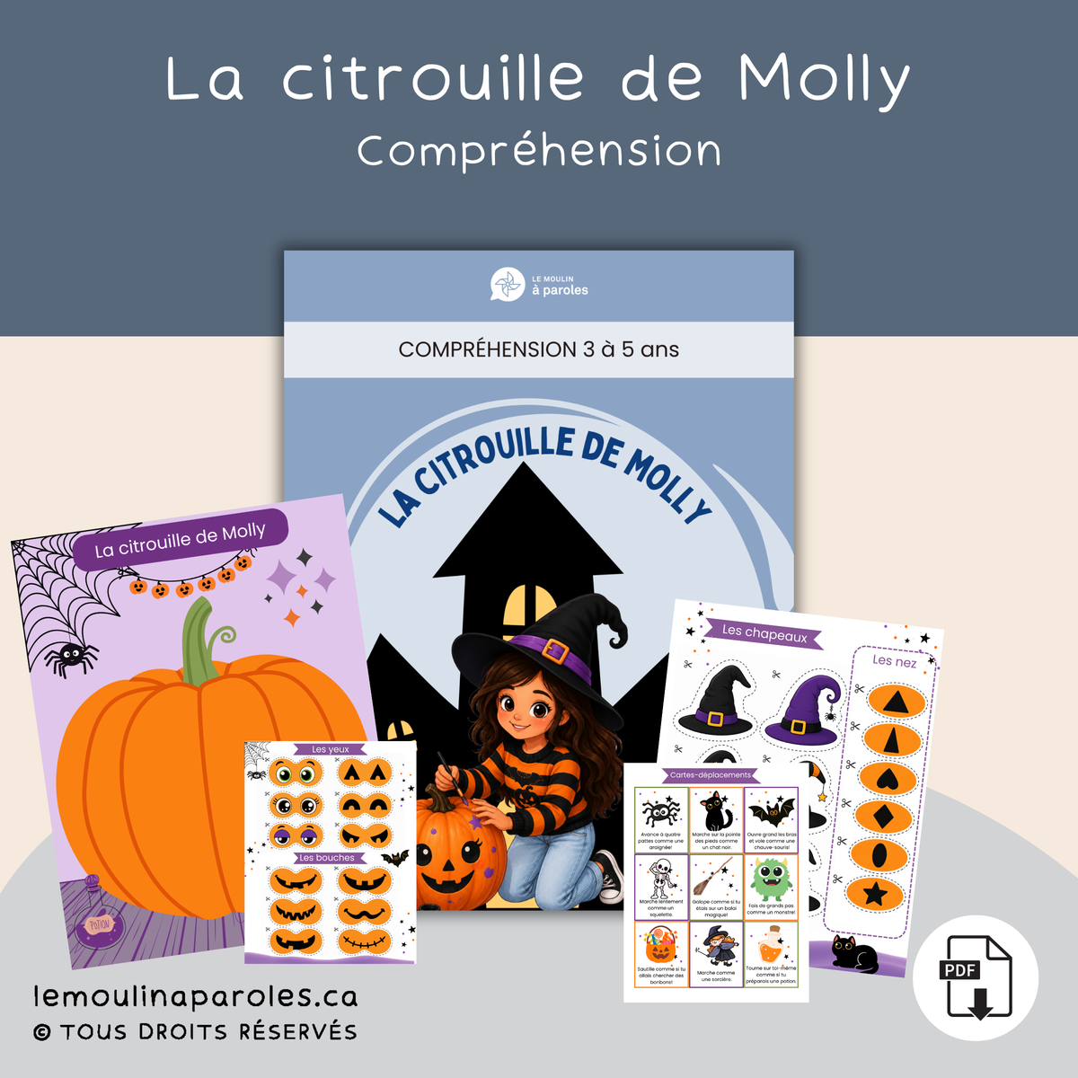 La citrouille de Molly, jeu d’Halloween pour enfants de 3 à 5 ans avec décoration de citrouille, compréhension de consignes et activité motrice.