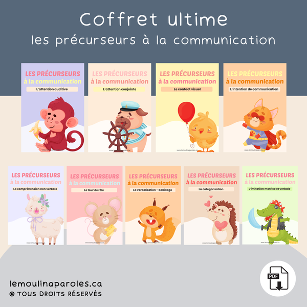 Coffret imprimable de stimulation du langage comprenant 9 cahiers sur les précurseurs à la communication pour enfants de 0 à 5 ans.