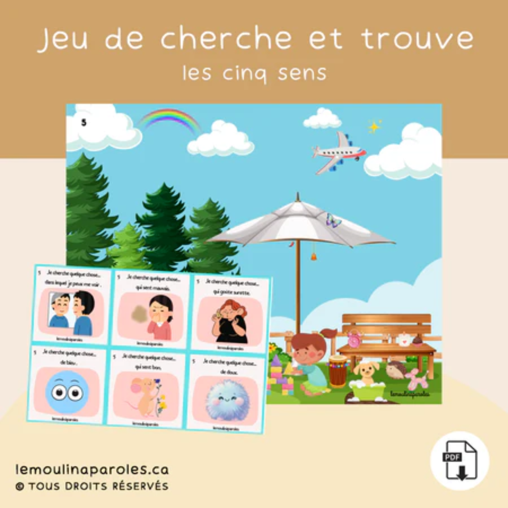 Trousse langage enfants les 5 sens avec activités éducatives PDF incluant jeux d’association, phrases et vocabulaire