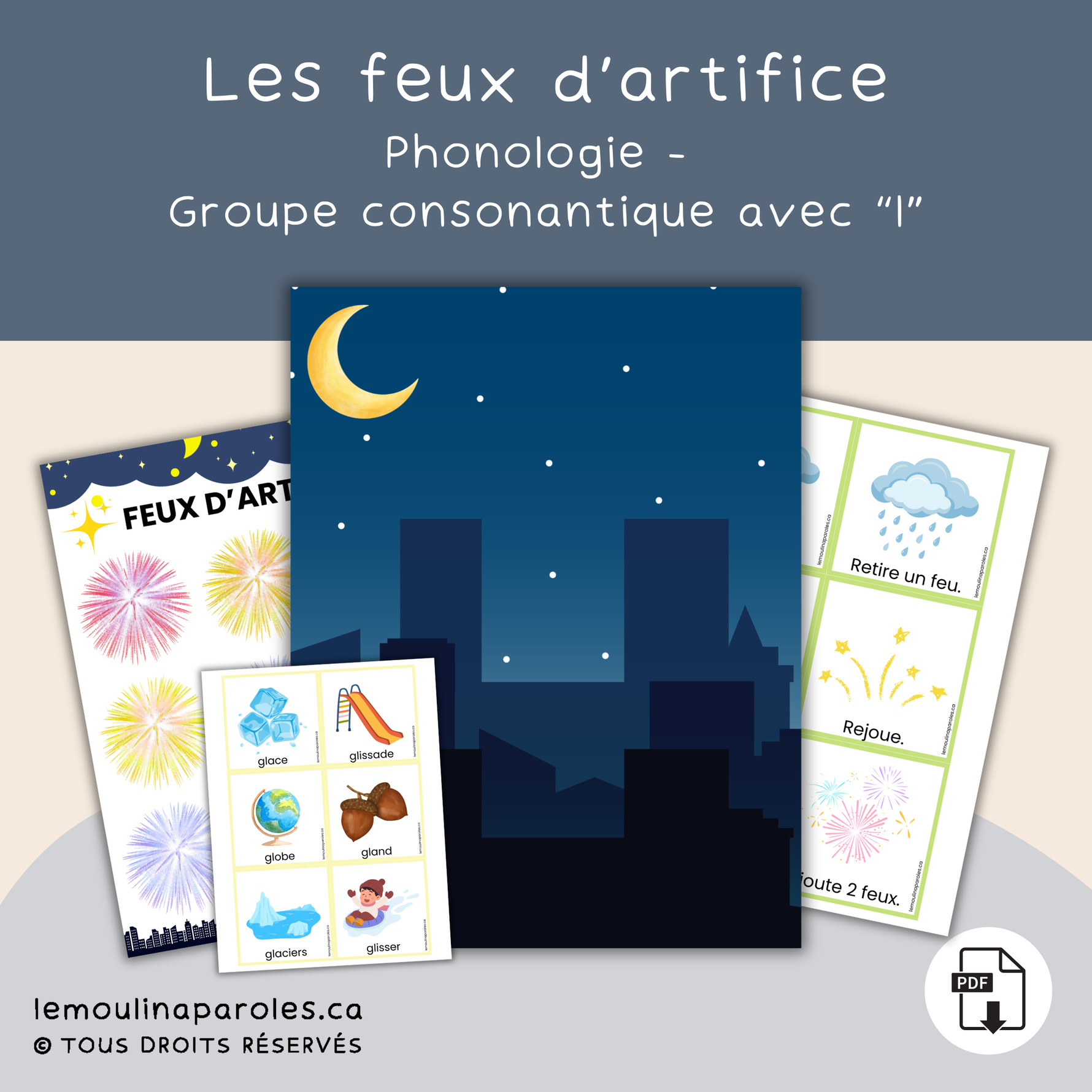 Feux d’artifice colorés ajoutés dans le ciel lors d’un jeu de prononciation conçu pour travailler les groupes consonantiques PL, BL, FL, CL et GL.