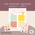 Jeu de recettes de limonade avec cartes d’ingrédients permettant aux enfants de créer et décrire leurs boissons.