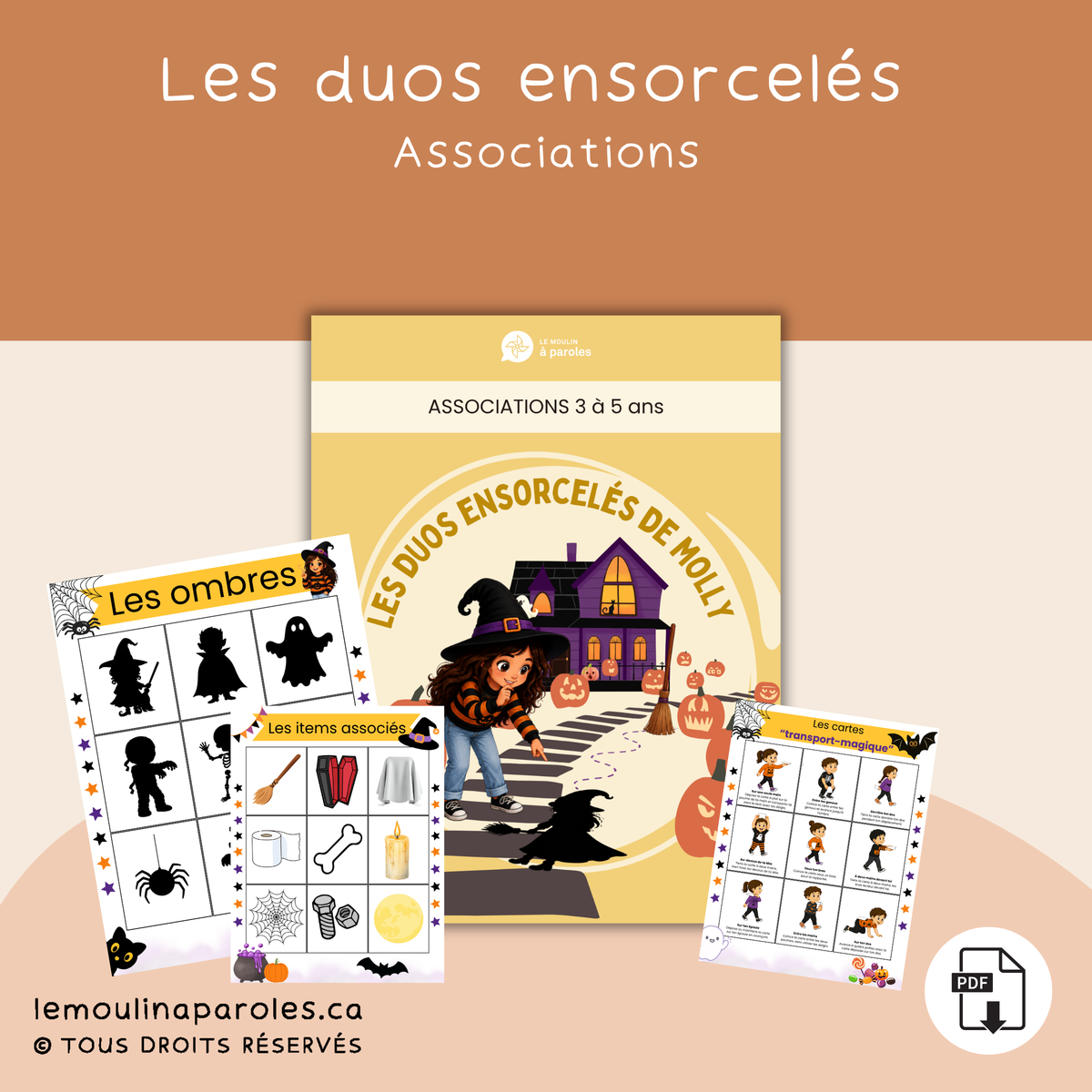 Jeu des ombres de Molly avec personnages d’Halloween, objets associés et défis moteurs pour enfants de 3 à 5 ans.