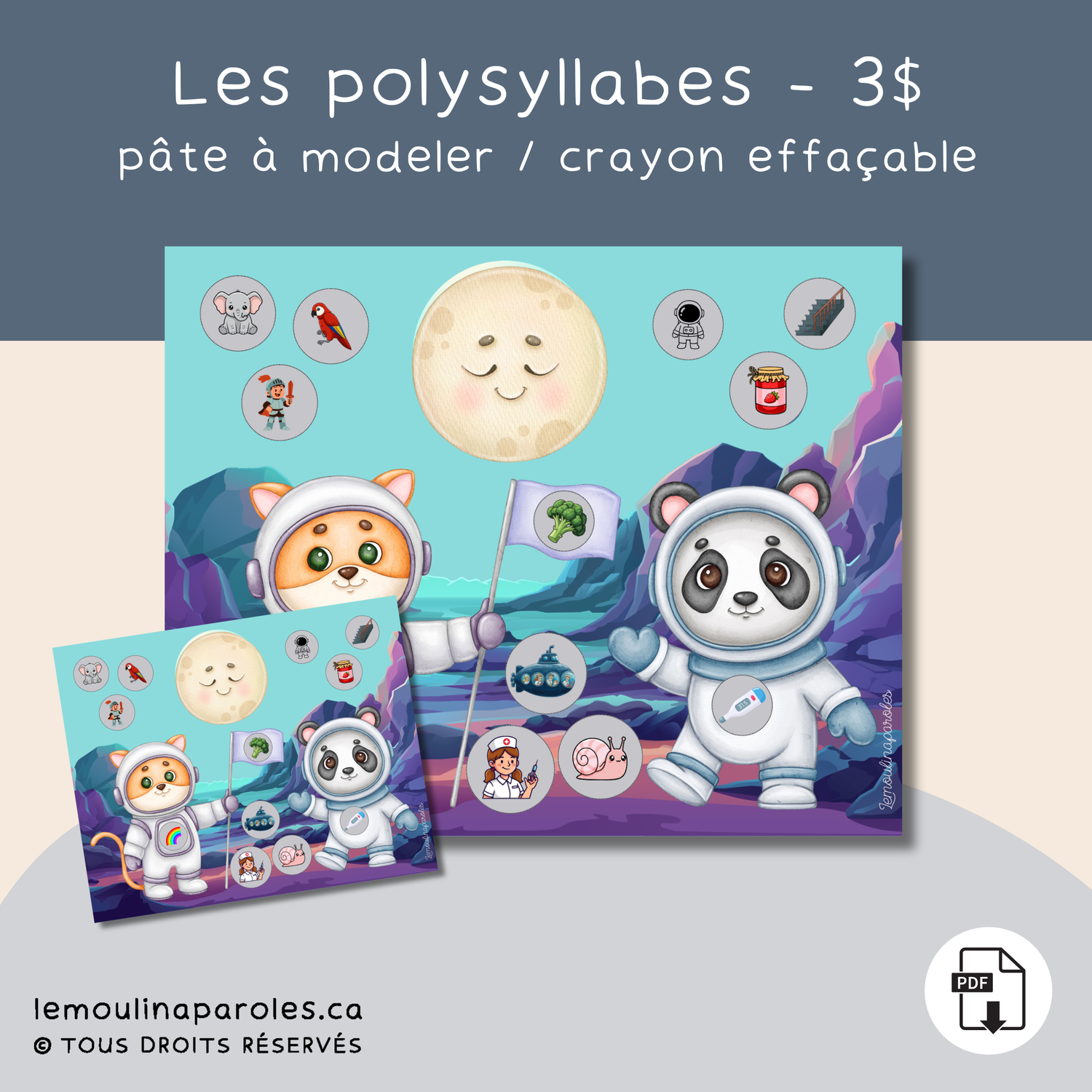 Jeu éducatif mots de 3 syllabes avec pâte à modeler pour travailler la prononciation et la conscience syllabique.