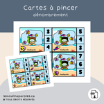 Cartes à pince éducatives pour travailler les notions de quantité avec des enfants du préscolaire et du premier cycle.