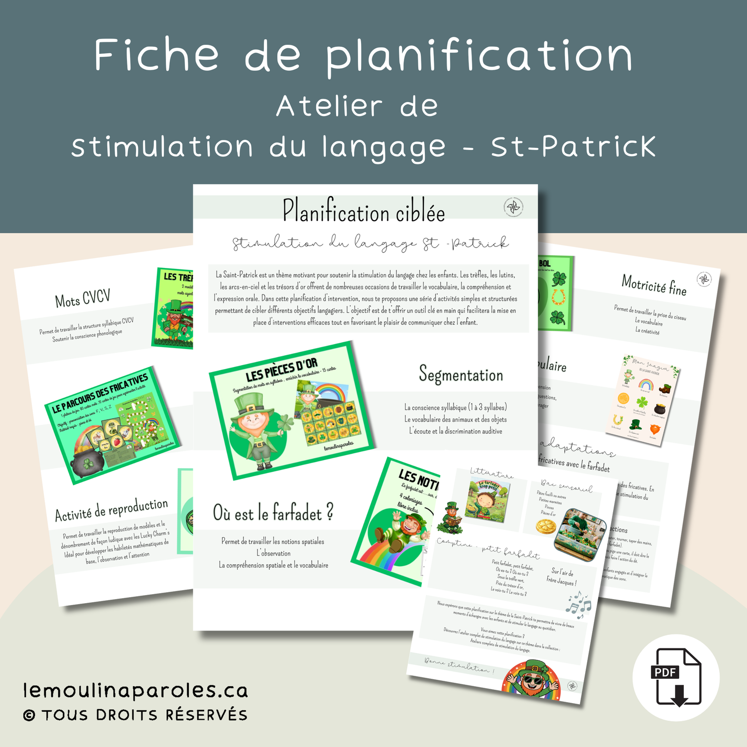 Planification gratuite Saint-Patrick – activités de stimulation du langage pour enfants avec lutins, trèfles et jeux éducatifs