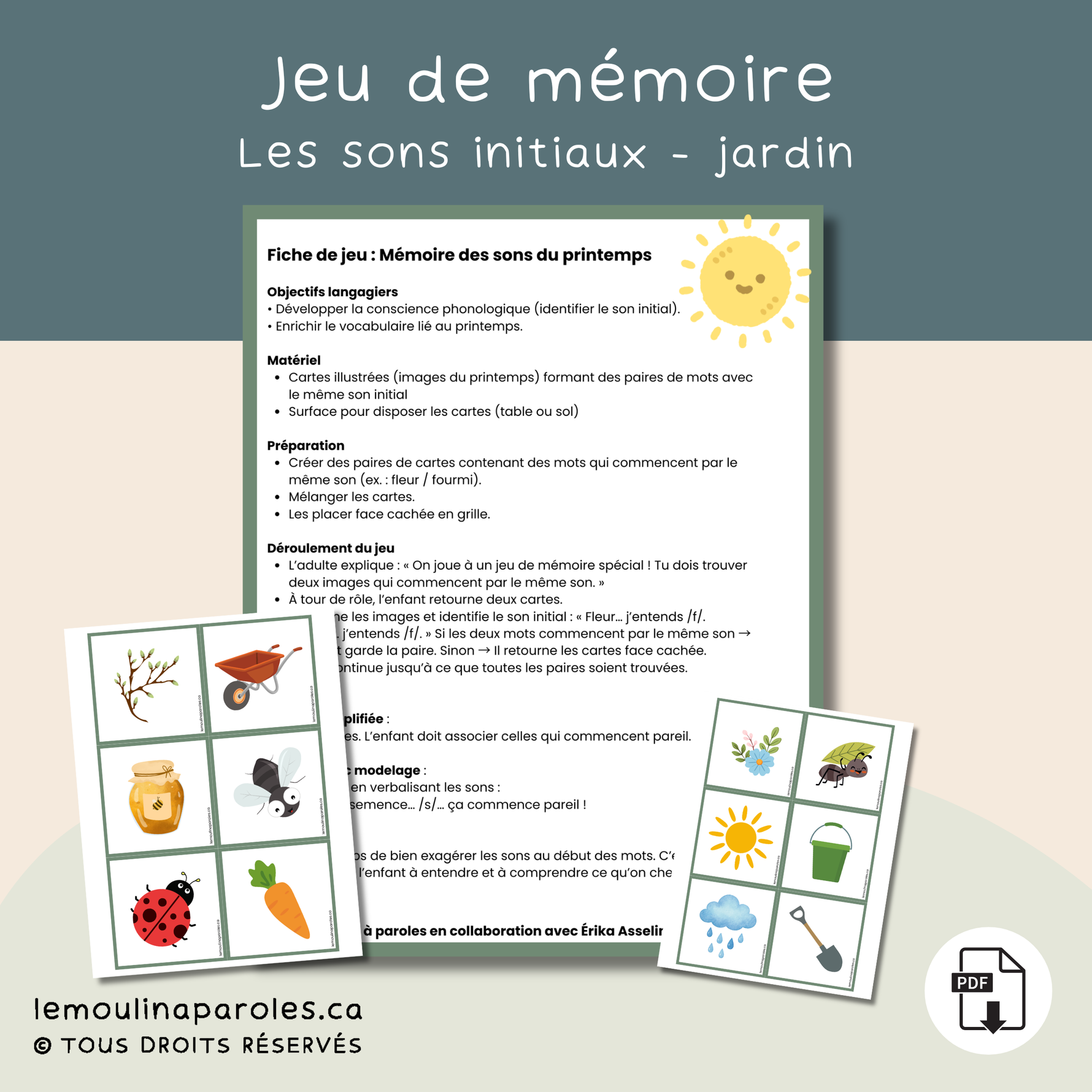 Trousse de conscience phonologique thème jardin pour enfants de 5 à 7 ans avec 8 jeux éducatifs sur les sons, syllabes et la prélecture.