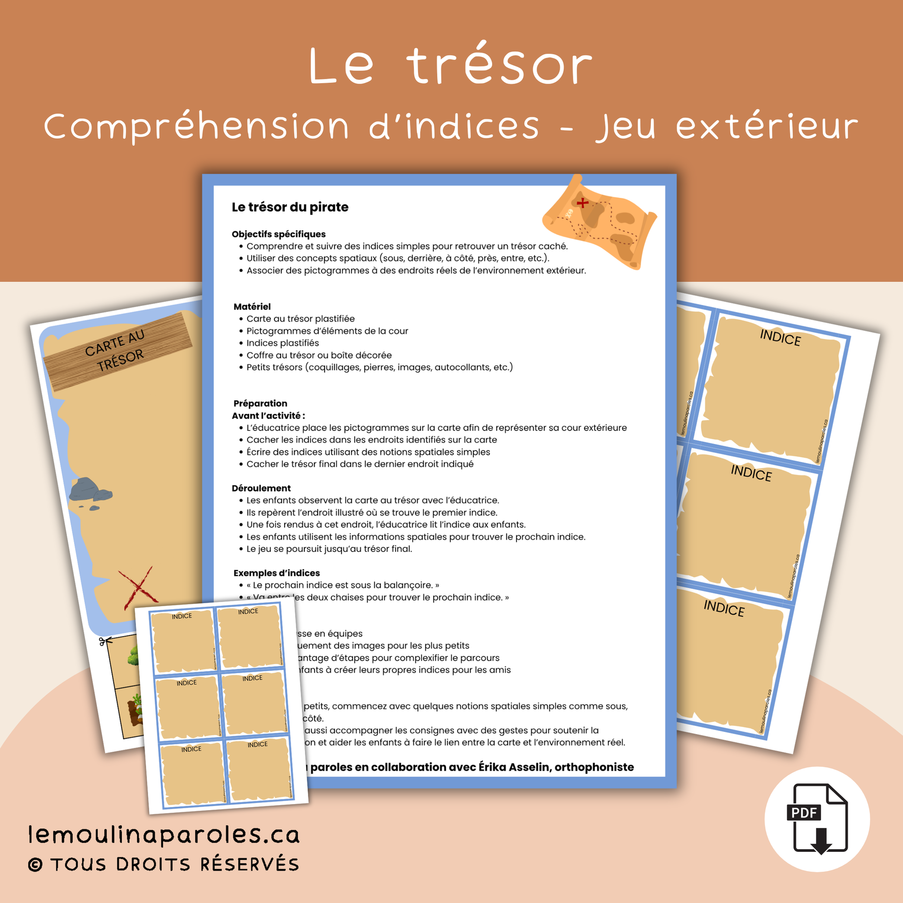 Carte au trésor avec pictogrammes et indices spatiaux utilisés lors d’un jeu extérieur de pirates.
