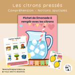 Jeu de chasse aux citrons avec cartes-indices de notions spatiales pour enfants d’âge préscolaire.